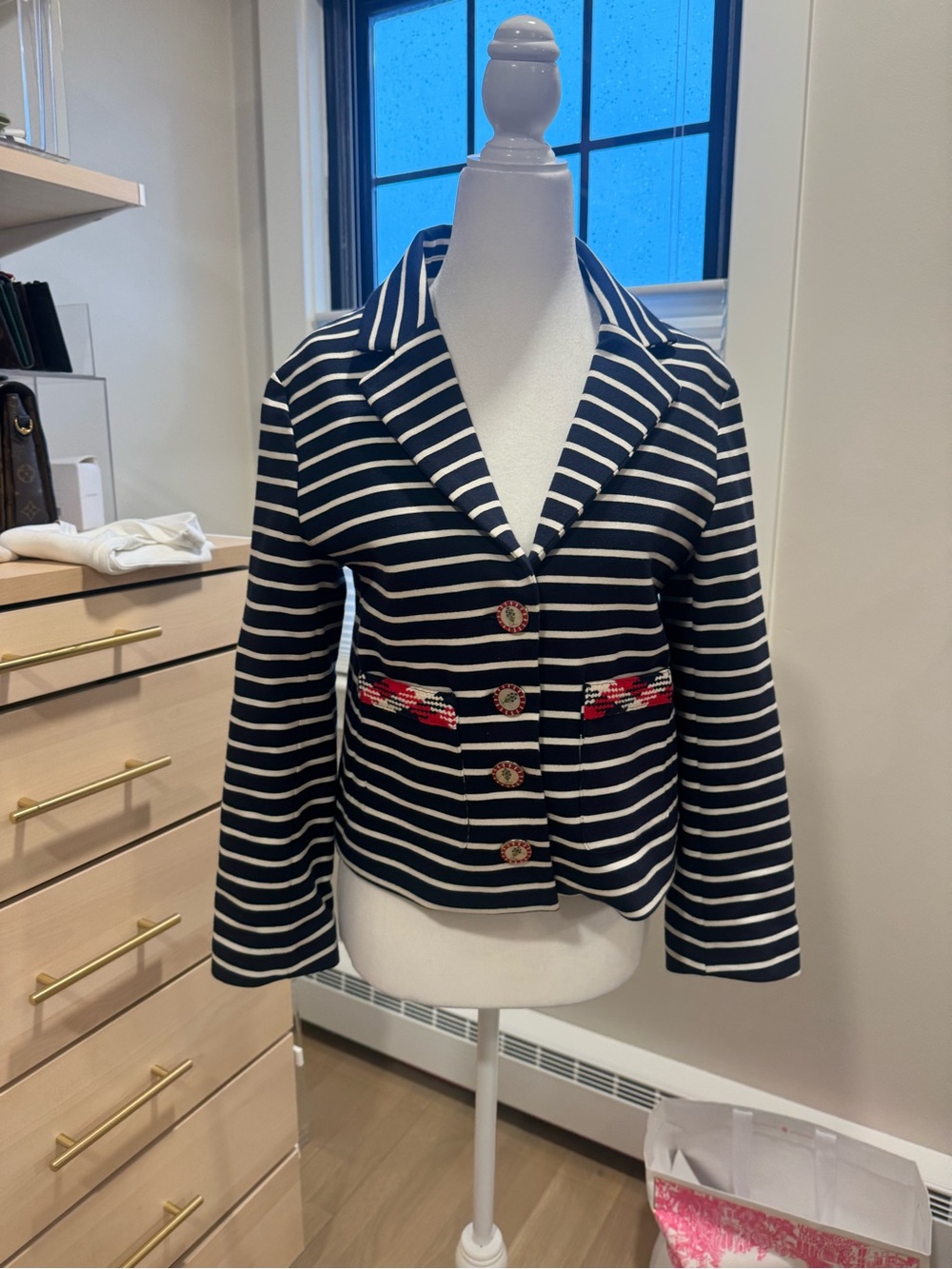 Vilagallo Navy and White Striped Blazer with Red Pocket Detail